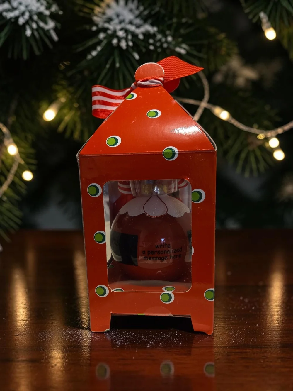 Festive Red Gift Box Ornament with Striped Bow and Gold Buckle